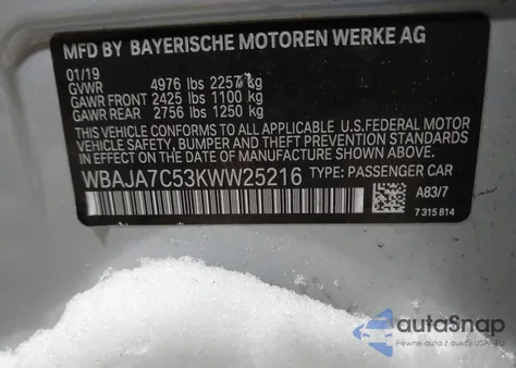2019 BMW 530I xDrive from USA, damaged, VIN WBAJA7C53KWW25216